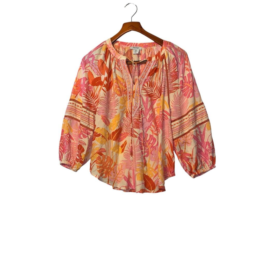 Haute Hippie Tropical Bohemian Peasant Style Balloon Sleeve Blouse Size M